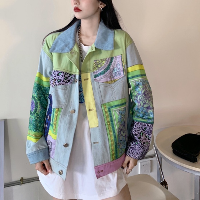Patchwork Jean Jacket - Print Spliced Denim Jackets Women Coat