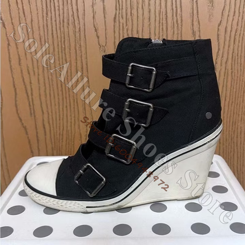 Vintage Fashion Heels - Grey Multi Buckle High Top Wedge